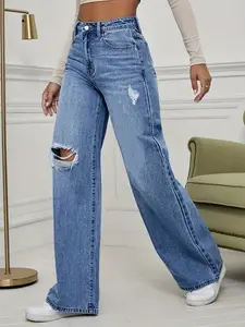 JUNBAOSS Women's Mid-Waisted Pull-On Stretchy Minimalist Basic Jeans Trouser - Ripped, Elastic Waist, Tummy Control, Button-Accented, Light Flare/Bell Bottom/Loose Baggy, Pocket, Casual, Cold Wash Jeans, Washed, Streetwear Fall Clothes