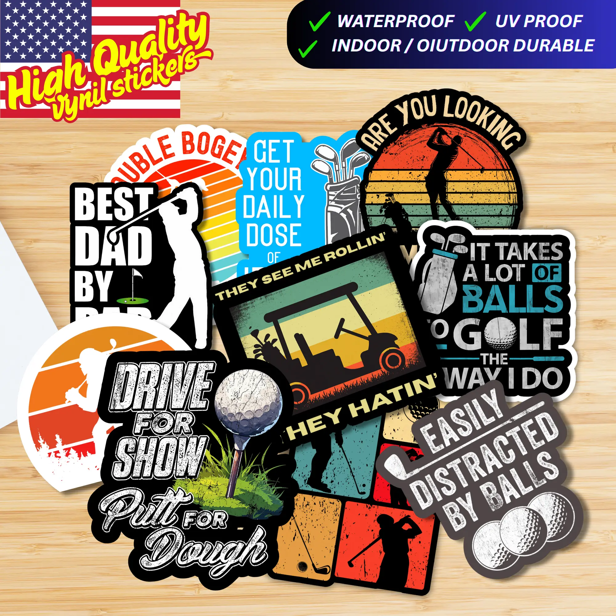 11 PIECE GOLF STICKER PACK - The Ultimate Golf Gift for Dad - Waterproof Vinyl Sticker Collection