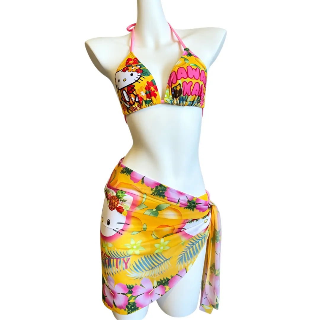 Sanrio Hello Kitty 3-Piece Bikini Set, Cute Character Swimwear for Beach, Pool Vacation, Summer Party Gift