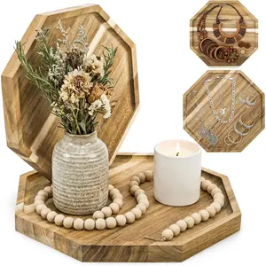 2 Pieces Wood Decorative Trays Acacia Candle Holder Plate for Centerpiece Octagonal Serving Tray Appetizer Board for Home Living Room Bathroom Kitchen