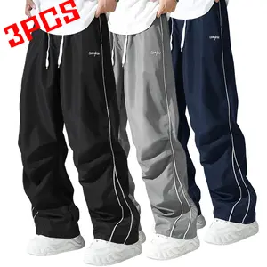 Three-piece set of men's outdoor casual sports pants for autumn and winter, men's athletic pants with side white stripes, drawstring ankle cuffs, suitable for men's sports, workouts, daily wear, and casual parties Baggy Wide Leg Sweatpants