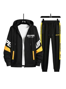 Men's Printed Hooded Patchwork Casual Sportswear Set for Spring and Autumn
