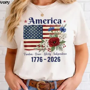 America Flag Floral T-Shirt, 250th Anniversary Patriot Tee, Independence Day Shirt, 4th July Shirt, Full Size.