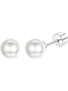 Sterling Silver Pearl Earrings for Women 18K Gold Plated Small Pearl Stud Earrings White Pearl Flat Back Earrings Brides Bridesmaids Wedding Earrings Jewelry Elegant Minimalist Earrings