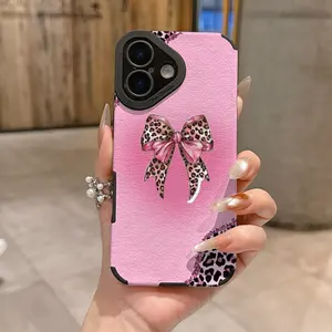 Pink Leopard, Glitter Bow Imitation Leather TPU Phone Case Suitable for iPhone 17 Air 16 Pro Max 15 Plus 14 13 12 11 X XR XS Max, Perfect As a Gift for Family, Friends