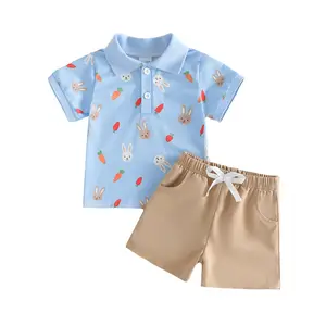 Babamoon Kids Baby Boys Easter Outfits Sets Short Sleeve Lapel Carrot Bunny Print Tops Polo Shirt and Solid Color Shorts Clothing 6M-4Y