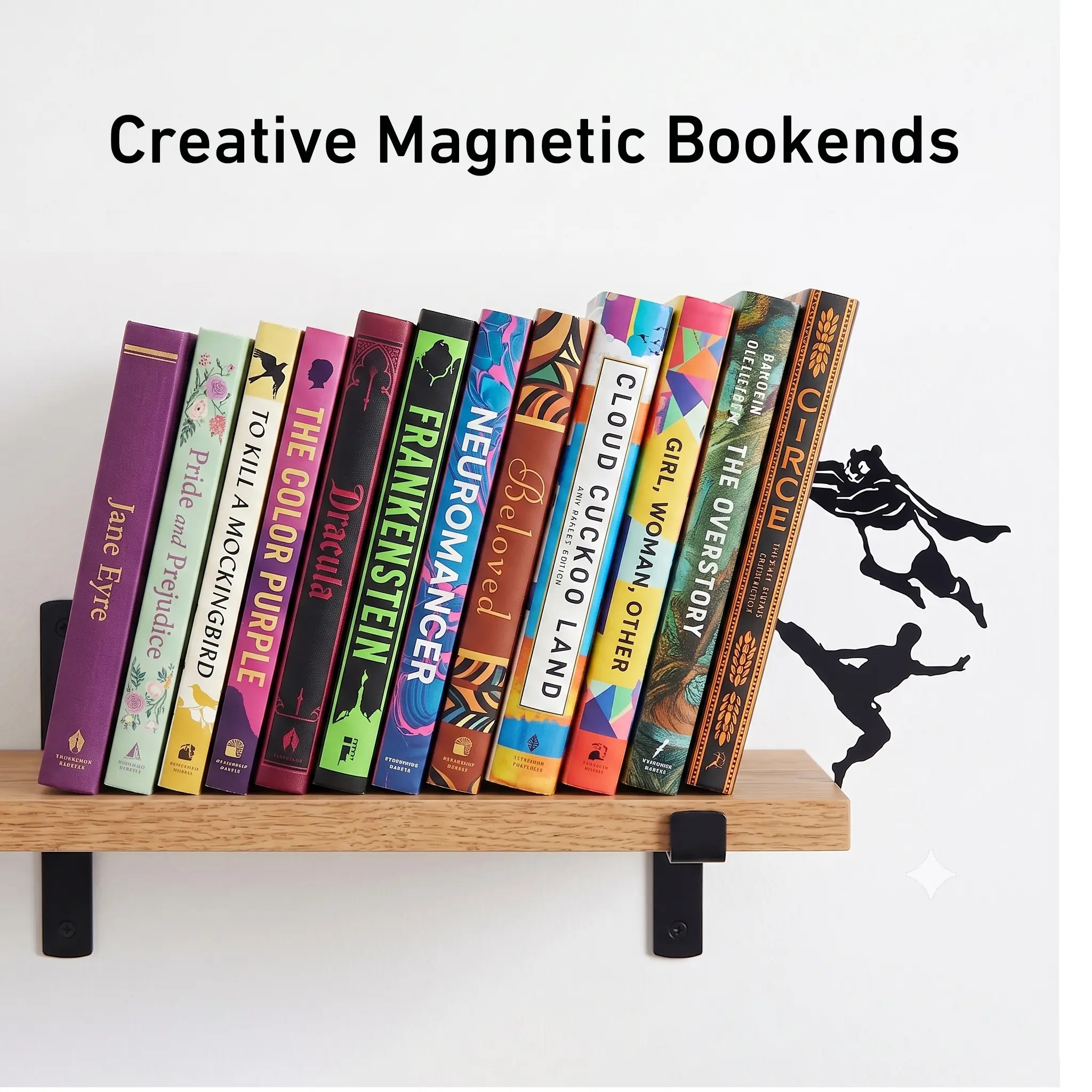 Creative Magnetic Bookends Suitable for All Books, Adjustable Tilt Foldable Metal Book Ends with Detachable DIY Kung Fu & Superhero Panda Figures, Non-Slip Base Desk Organizer, Novelty Reading Gift