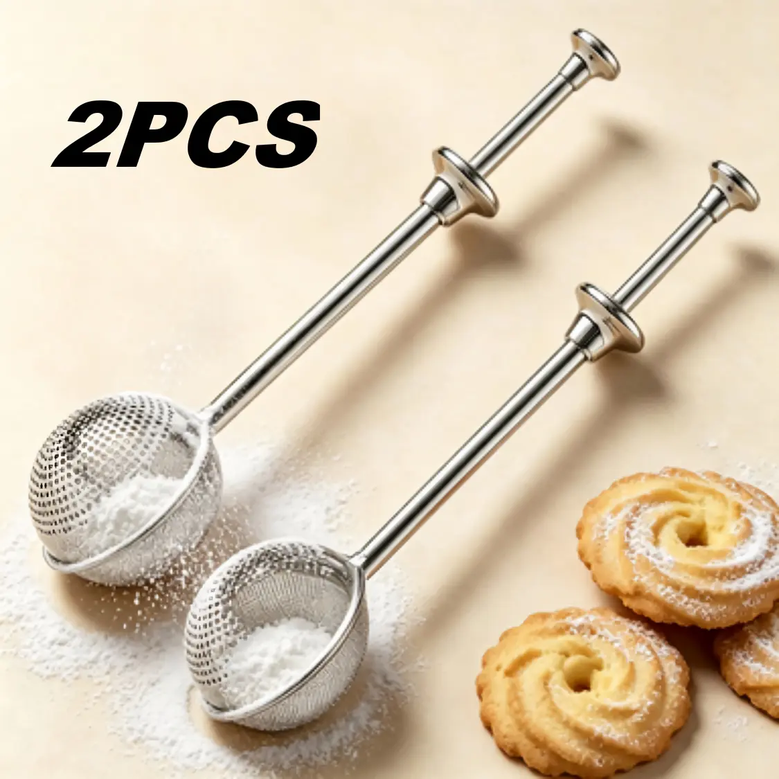 Stainless Steel Powder Sifter 2 Pack ,3 In 1 Long Handle Stainless Steel  Infuser Sifter Spoon, Multifunctional Mesh Tea Strainer for Loose Leaf Tea, Cocoa Powder, Coffee, Baking Cake Dusting