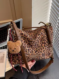 Large capacity color blocked retro shoulder bag, simple leopard print casual style crossbody bag, niche design personalized bucket bag, suitable for shopping, commuting, work, daily outings, and parties, Crossbody Tote Bag