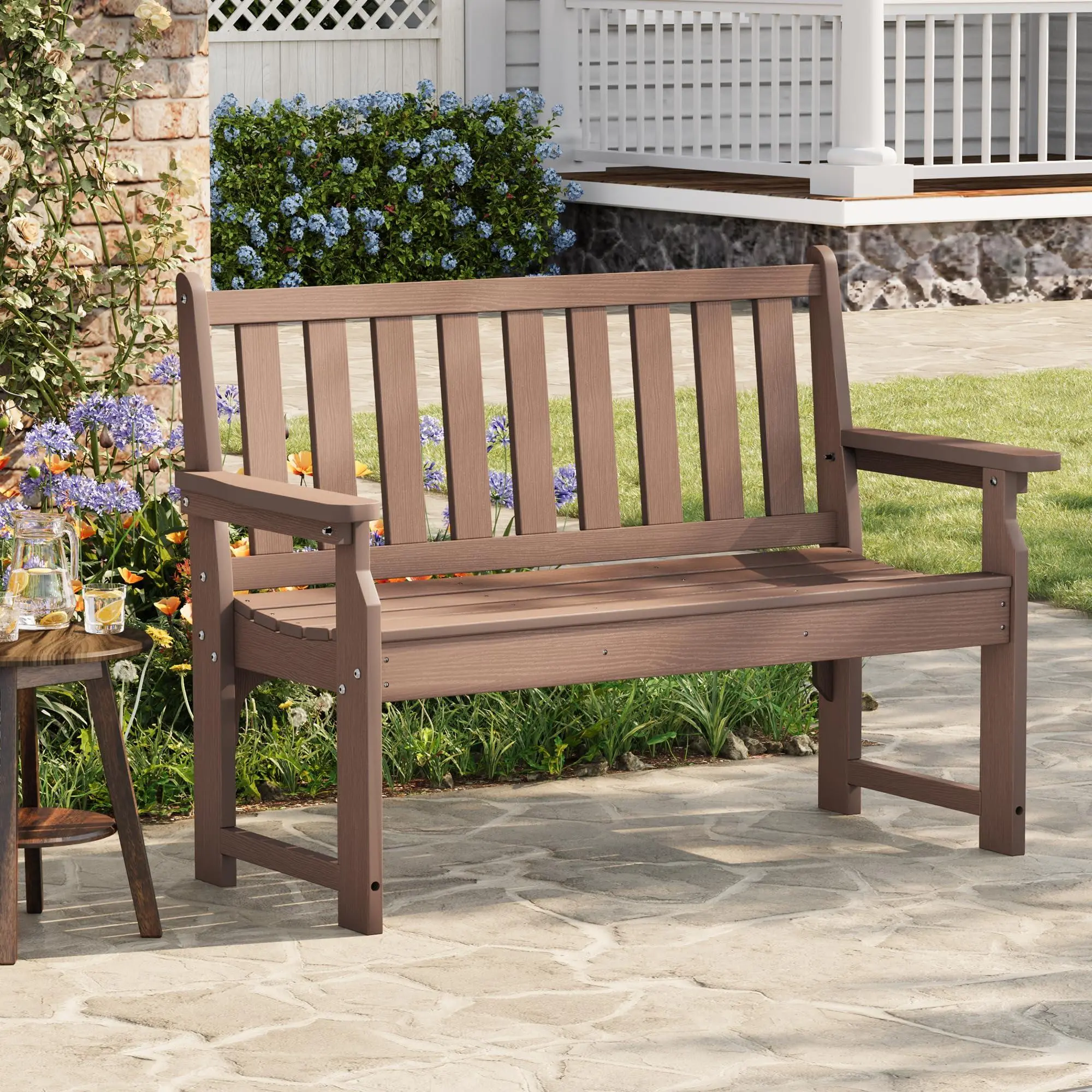 GARVEE Heavy Duty All-Weather Poly Lumber Outdoor Bench for 2 – 800lb Capacity – Durable Garden and Patio Seating – Ideal for Lawn, Backyard – Teak