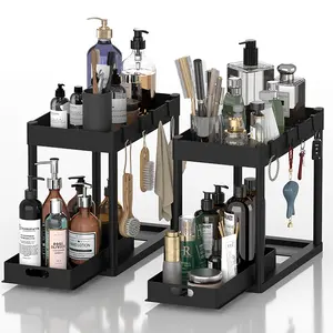 2 Pack Under Sink Organizer 2 Tier Bathroom Cabinet Organizer with Sliding Basket Multi-Purpose Storage for Bathroom Kitchen Black 2 Pack