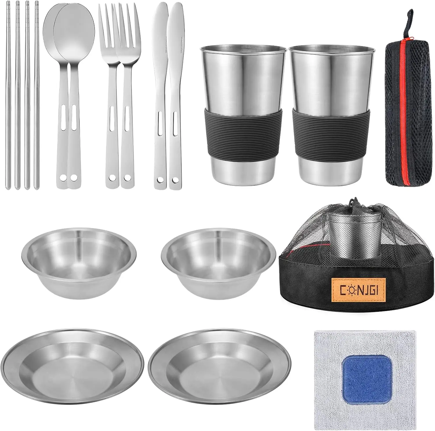 Outdoor Camping Mess Kit - 1 to 2 persons Camping Dishes Includes Cups, Bowls, Dishes, Knives, Forks, Spoons, Etc, Camping Dinnerware Set with Mesh Bag is Easy to Carry Camping Tableware SetGift..
