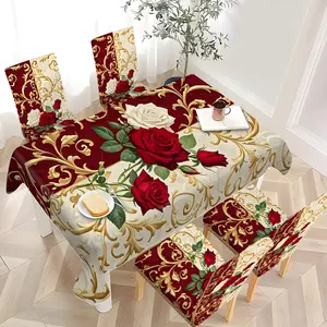 2/4/6/5/7 pieces of fashionable and high-end chair cover and tablecloth sets, thickened chair cover and tablecloth sets (1 tablecloth + 4 chair covers or 1 tablecloth + 6 chair covers), easy to care for, reusable, for home decoration