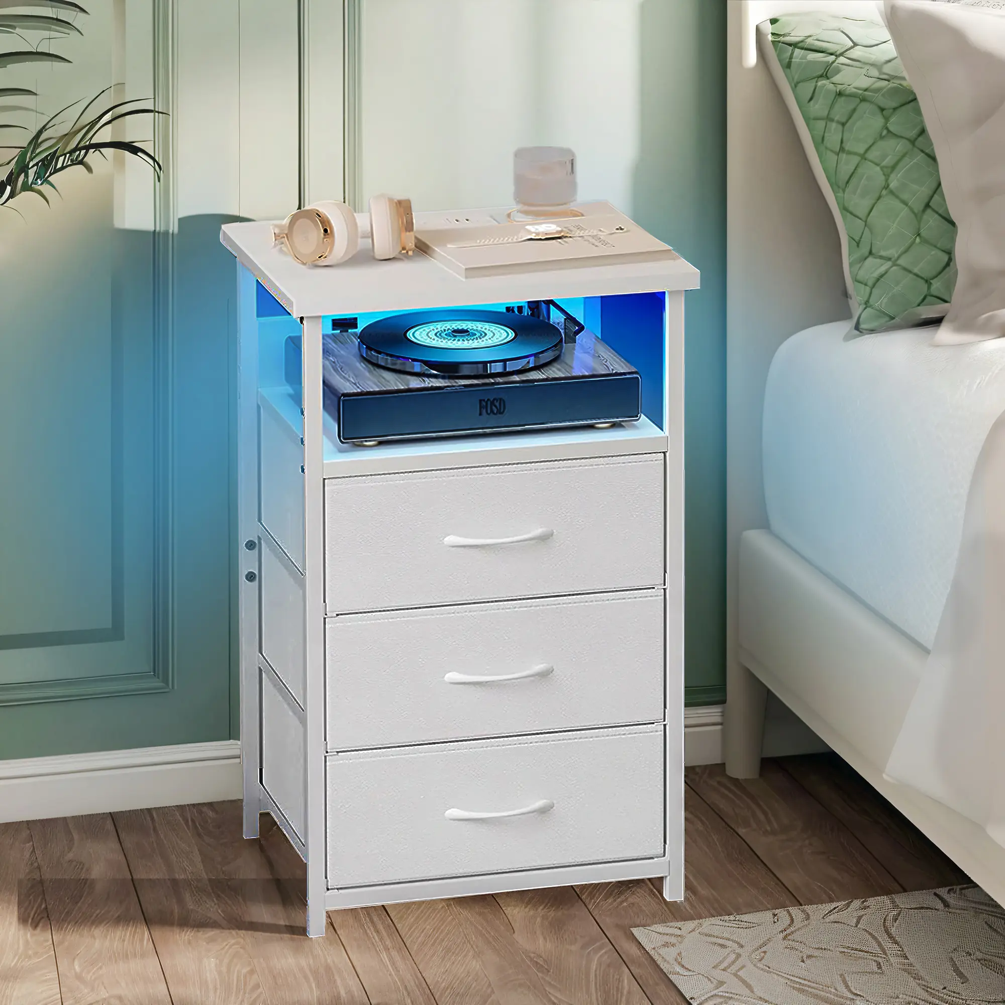 【Summergarden】Night Stand with Charging Station, LED Nightstand with U-S-B Ports and Outlets, 3 Fabric Storage Drawers with PU Finish, Bedside Table, Black