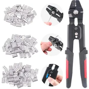 Up To 2.2mm Wire Rope Crimping Tool Wire Rope Swager Crimper Fishing Crimping Tool With 180Pcs 1.2/1.5/2mm Aluminum Barrel Ferrule Crimping Loop Sleeve Kit