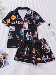 Women's 2-Piece Stranger Things Print Lapel Pajama Set, Short Sleeve Button Down Top with Pocket & Elastic Waist Shorts, Soft Comfy All-Season Loungewear, Casual Sleepwear for Ladies Home Daily Wear Pjs Womenswear Homewear
