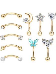 10Pcs Stainless Steel Belly Lip Ring Set for Women 18K Gold Plated 16G Cartilage Tragus CZ Body Piercing Curved Barbell Eyebrow Rings Trend Piercing Jewelry 6-8mm