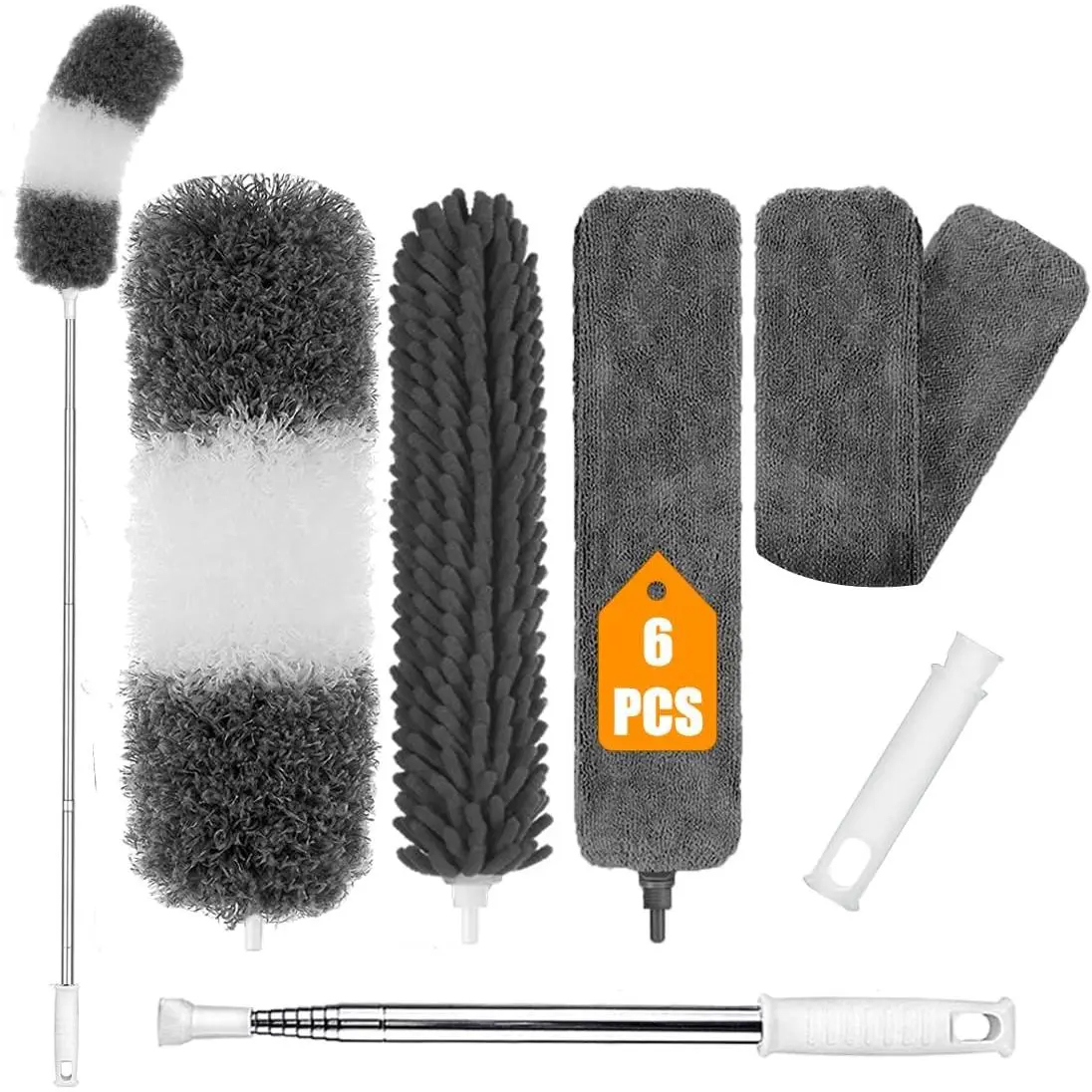 Gray Microfiber Hand Feather Duster Cleaning Kit - 6PCS Detachable, Extendable, Bendable Dusters with 100in Stainless Steel Telescopic Pole, Washable Reusable for Household Ceiling Fans, Hard-to-Reach Areas