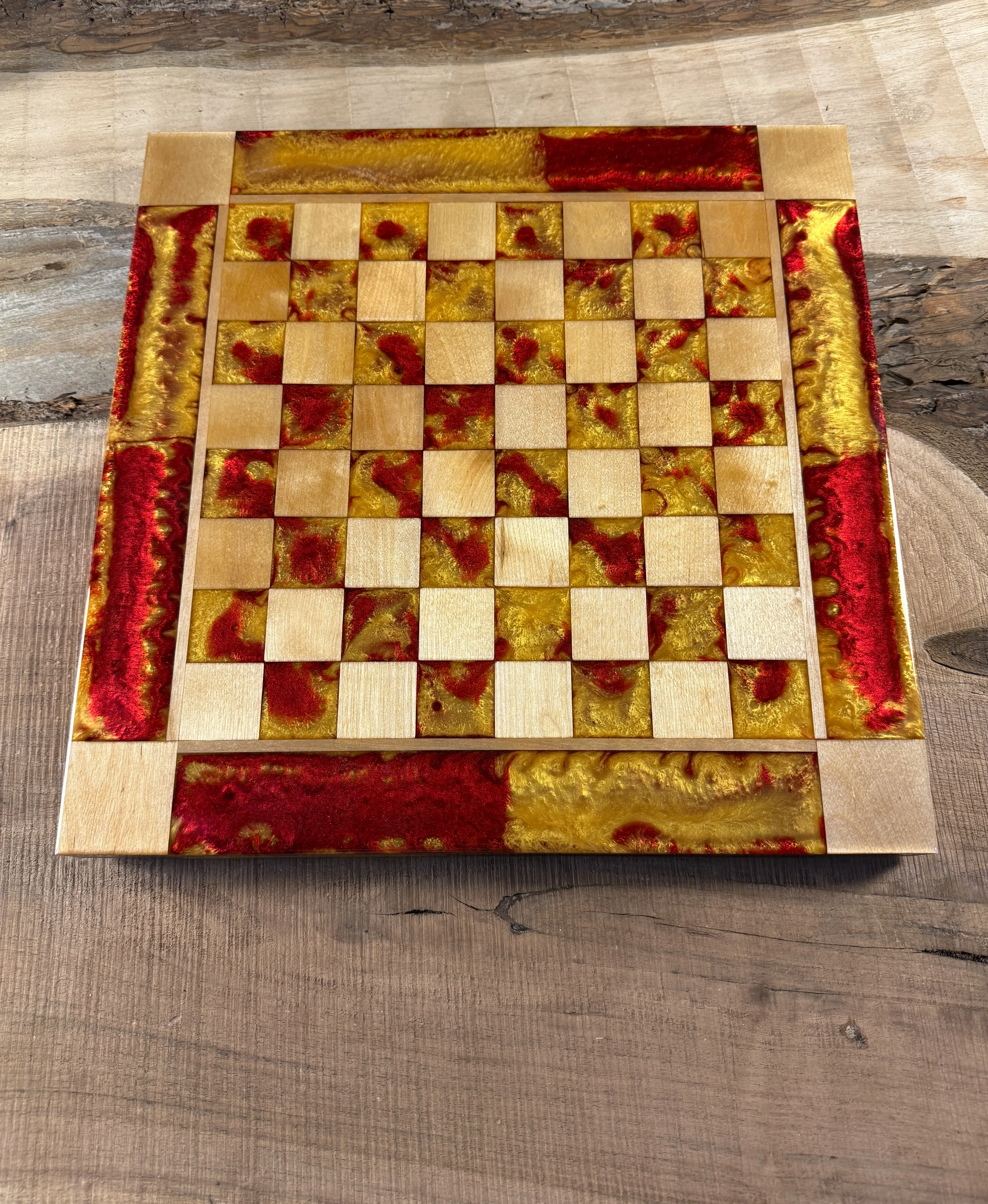 Red Lava Golden Maple Wood Chess Board (Chess Set Included)
