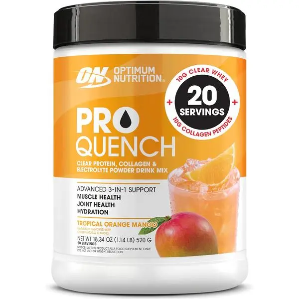 Optimum Nutrition Pro Quench, 10g Clear Protein, 10g Collagen peptides & Electrolyte Powder Drink Mix, Tropical Orange Mango, 20 Servings, 520 Grams (Packaging May Vary)