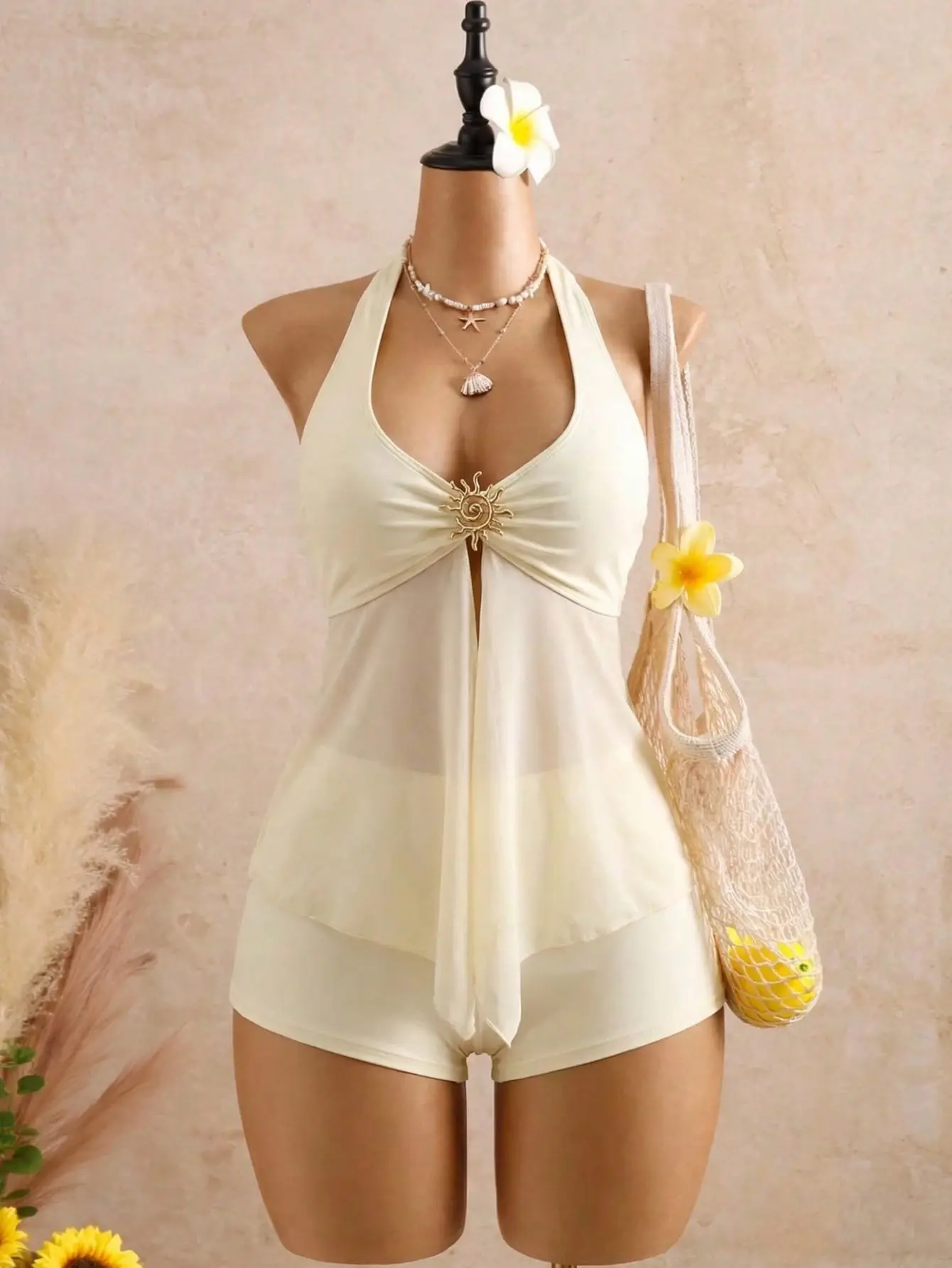 VYNCE Tankini Swimsuit Spaghetti Strap Mesh Splice Metal Detail Beach Vacation