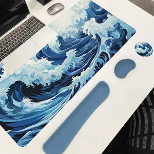 Ocean Wave Pattern Mouse Pad Set, Large Gaming Mouse Pad & Keyboard Wrist Rest & Coaster, Ergonomic Wrist Support for Home Office Gaming