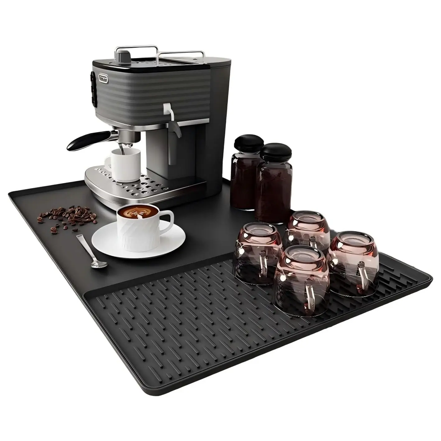 Silicone Coffee Mat Set,Dish Drying Mat 2 in1 Coffee Maker Mat for Kitchen Counter,  20'' x 16''/40*50cm Bar Mat with Detachable Dish Drying Mat for Countertops, Coasters, Fits Under Coffee Maker, Machine, Espresso Machine