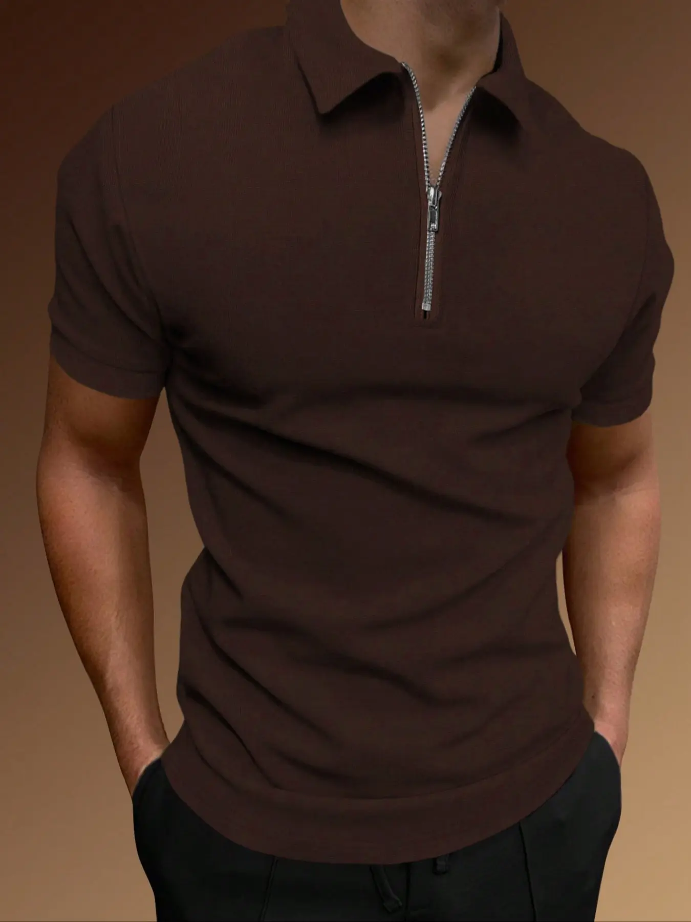 Men's Waffle Knit Zipper Collar Fitted Short Sleeve Sports T-Shirt, Casual Golf Polo, Breathable Comfortable Pure Color Top for Outdoor & Casual Wear