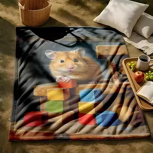 1 piece Cute hamster with colorful building blocks toys themed flannel blanket - Modern design flannel blanket, suitable for sofas and beds, all-season use, super soft and warm, digital printing, 100% polyester material, machine washable, suitable