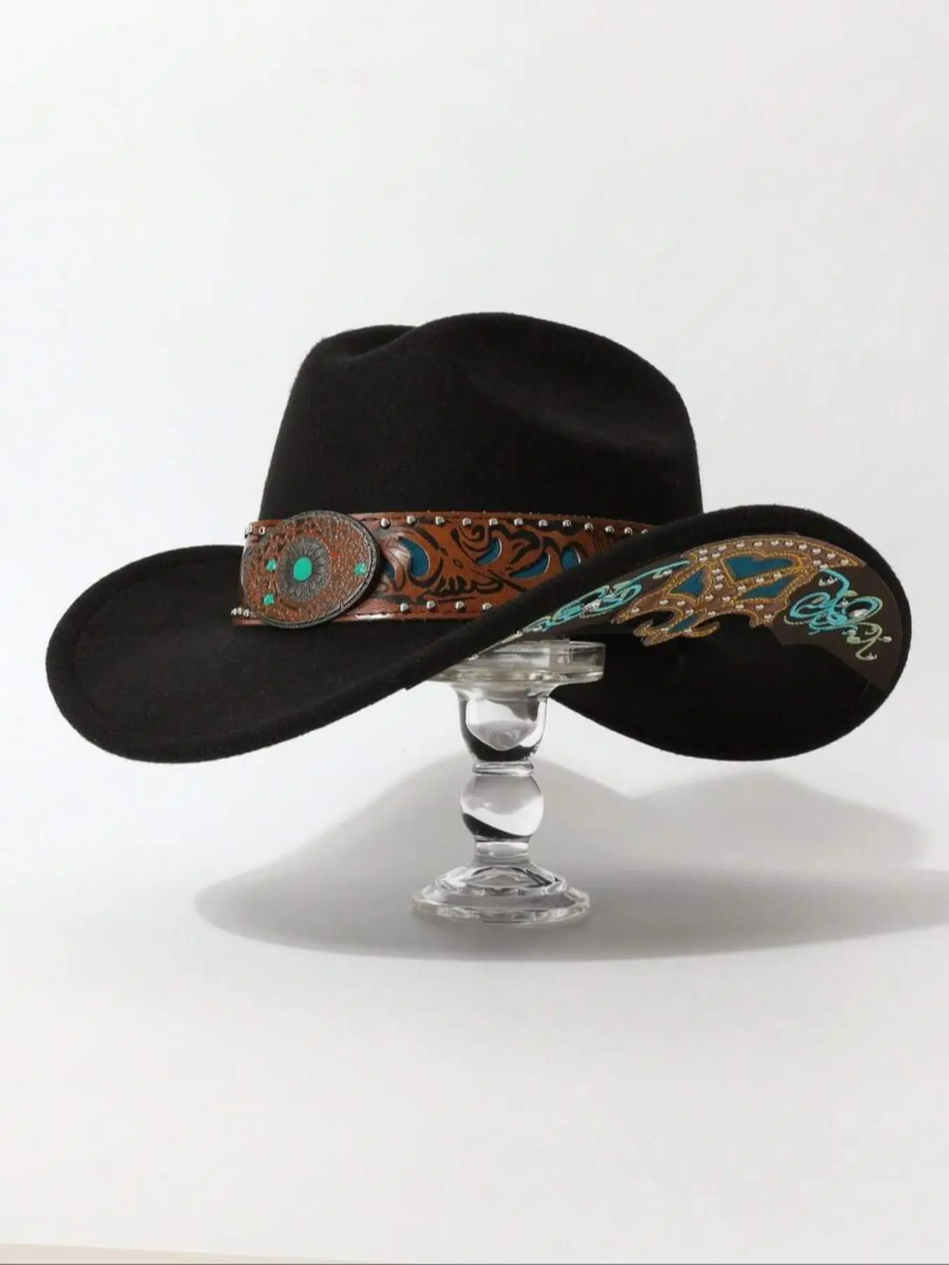 Vintage Carved Western Cowboy Hat, Turquoise Stud Wool Felt Fedora, Bohemian Sun Protection Cap, Cross-Border Fashion Accessory, Classic Cowboy Hat, Cowboy Style Hat