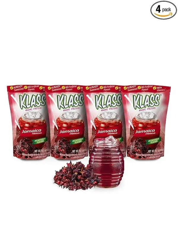 Klass Aguas Frescas Hibiscus Drink Mix Powder, Natural Flavor with Vitamin C, Gluten Free, Caffeine Free, Family Pack, Makes 56–72 Refreshing Drinks, 4 Pouches