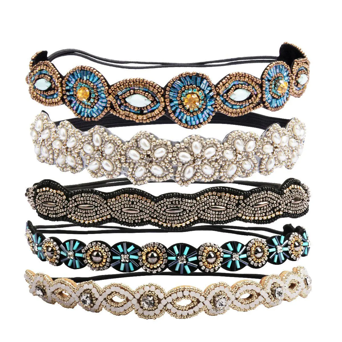 5 PCS Rhinestone Elastic Headbands Handmade Crystal Beaded Hairbands Vintage Jewelry Hair Accessories Party and Daily Headwear