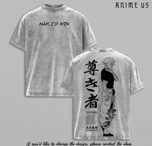 Gojo Satoru Shirt | Jujutsu Kaisen Anime Tee | “Nah, I’d Win” Gojo Graphic Back | The Strongest Sorcerer Vintage Washed Oversized T-Shirt | JJK Streetwear Gift for Anime Fans A3V