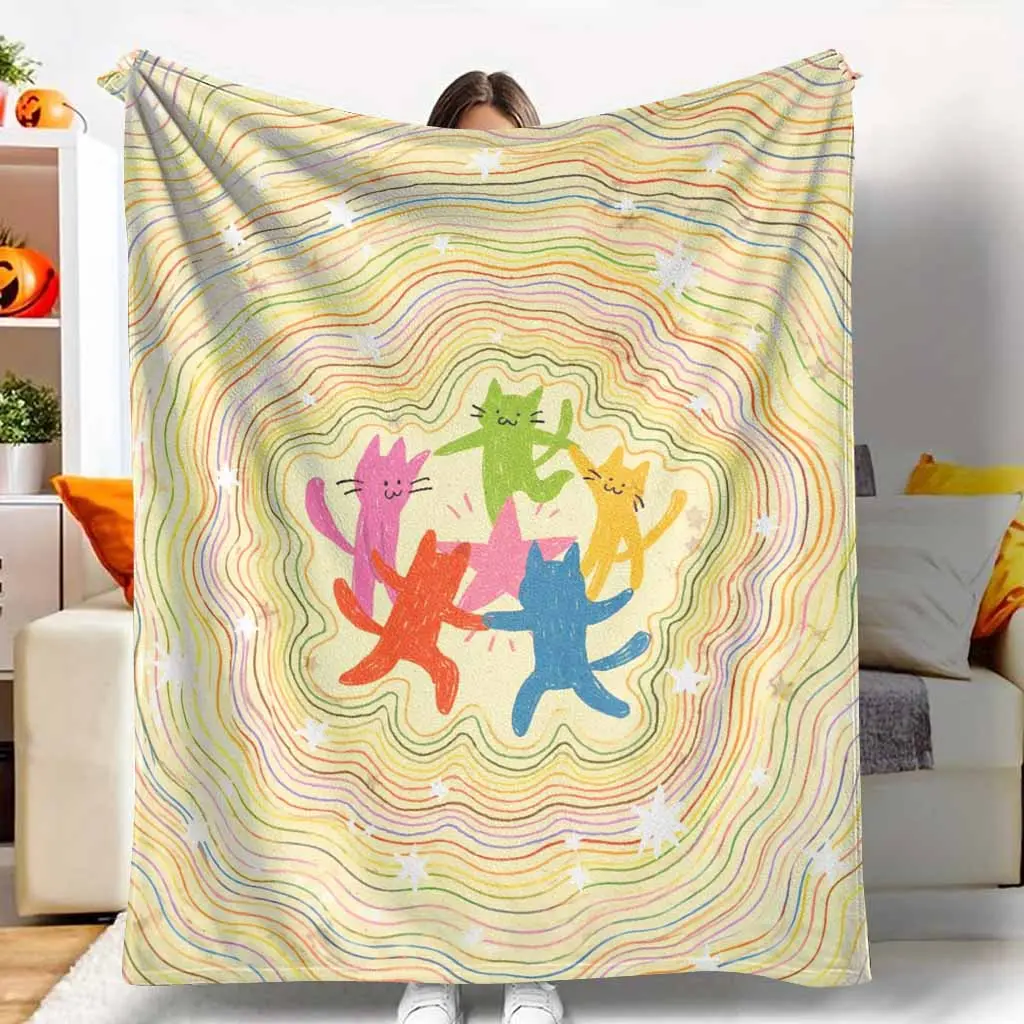 Colorful Dancing Cats Flannel Blanket Rainbow Star Pattern Soft Warm Lightweight Cozy Decorative Throw Ideal for Sofa Bedroom Office Travel Gifts Festivals and Relaxing Evenings