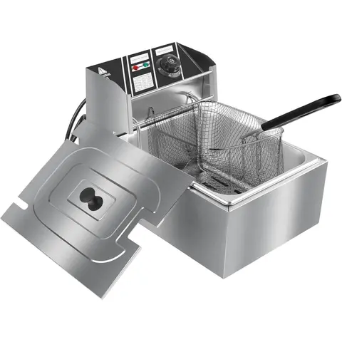 6L (10.5qt) Stainless Steel Single Tank Electric Deep Fryer, 2500W 110V Countertop Kitchen/Commercial Appliance with Fryer Basket, Heat-Resist Handle, Lid to Prevent Oil Splashes, 60°C to 200°C for Crisp Fries, Wings, Rings, Egg Rolls