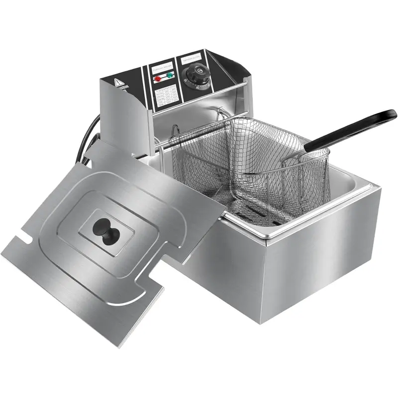 6L (10.5qt) Stainless Steel Single Tank Electric Deep Fryer, 2500W 110V Countertop Kitchen/Commercial Appliance with Fryer Basket, Heat-Resist Handle, Lid to Prevent Oil Splashes, 60°C to 200°C for Crisp Fries, Wings, Rings, Egg Rolls