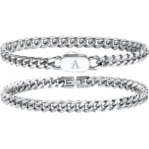 Initial Bracelets for Men, 2 count A-Z Letter Bracelet Silver Mens Bracelet with Initial, Stainless Steel Stylish Non Tarnish Cuban Link Bracelet for Men Jewelry Gifts-USA