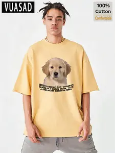Adorable Golden Retriever Puppy Print Short Sleeve T-Shirt, Men's Loose-Fit Drop Shoulder Cotton Top, Casual Fashion Long Tee
