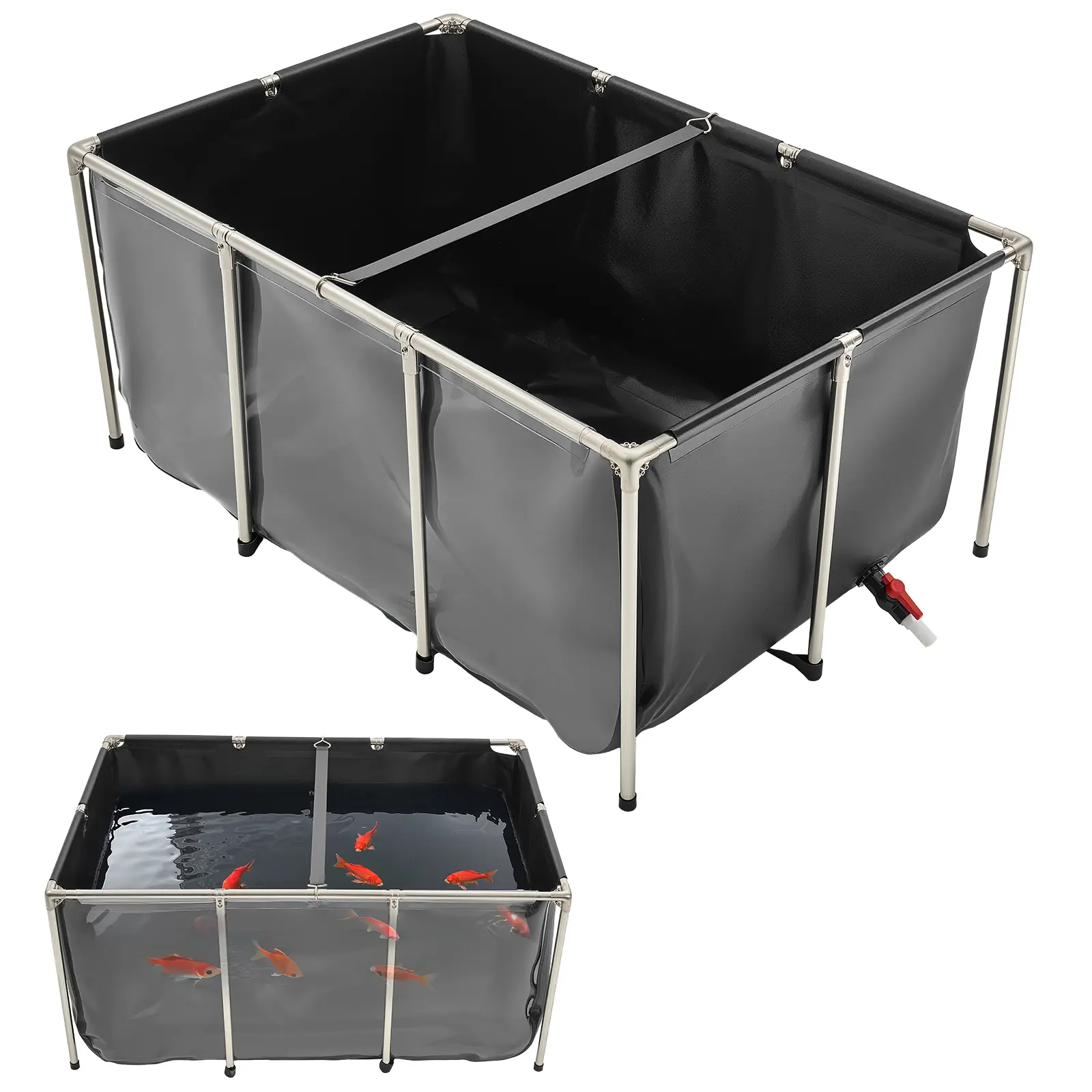 VEVOR Canvas Fish Pond, 270 Gal Above Ground Fish Pond, PVC Koi Tank with Clear Viewing Panel, Rectangular Goldfish Tank with Stainless Steel Frame & Drain Valve, for Breeding Koi, Irrigation(Black)