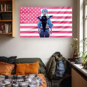 Lucy Cyberpunk Flag | Cyberpunk Edgerunners Wall Flag | Anime Girl Tapestry | Pink USA Flag Anime Decor | Gamer Room Wall Art