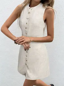 A women's minimalist fashion sleeveless vest skirt with a design sense of double breasted high-end commuting slimming A-line short skirt, suitable for summer, home, indoor, and outdoor wear Dress Casual Womenswear