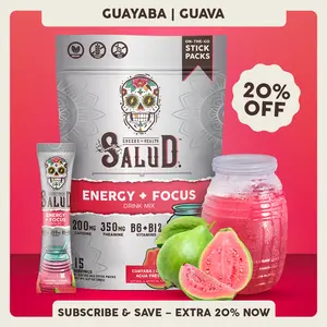 Salud 2-in-1 [Energy + Focus – Guava] Clean Energy Drink Mix, Agua Fresca, Organic Caffeine, B6 & B12, L-Theanine, Drink Packets, Non-GMO, Gluten Free, Vegan, Low Calorie, 1g Sugar (15 Servings)
