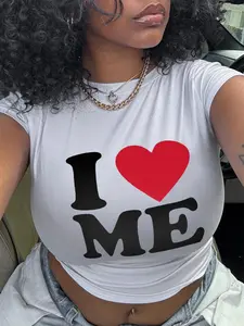 Women's Heart & Letter Print Round Neck Fitted Crop Tee, Casual Short Sleeve Crew Neck T-shirt for Daily Wear, Ladies Clothes for All Seasons