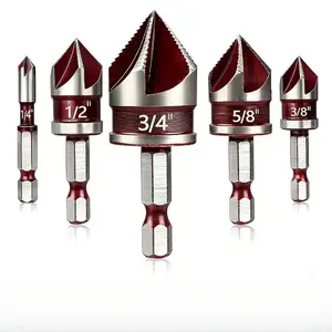 82-Degree Five-Blade Chamfering Tool, Chamfering Knife, Woodworking Drilling Quick Guide Tool, Countersink Drill, Wood Centering Countersink Drill Set, Hexagonal Shank Expansion Drill, Tapered Screw DIY Countersink Tool, Deburring Tool
