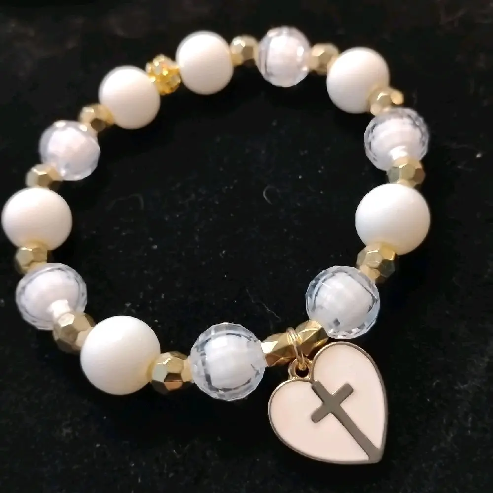 White & Golden Custom Designed Bracelet with Heart Shaped Pendant & Golden Cross Charm Perfect Gift for Cross Lovers Elegant Accessory for Any Outfit.