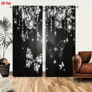2D Flat Luxury 2-Piece Blackout Curtains with Sparkling Crystal Butterfly & Chandelier Embellishments, Monochromatic Elegant & Glamorous Design for Bedroom Living Room Decor