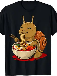 Men'' Retro Snail Eating Ramen Noodles TShirt Anime Ramen Bowl Graphic Round Neck Casual Tee Suitable for Themed Parties Casual Attire Machine Washable Apparel