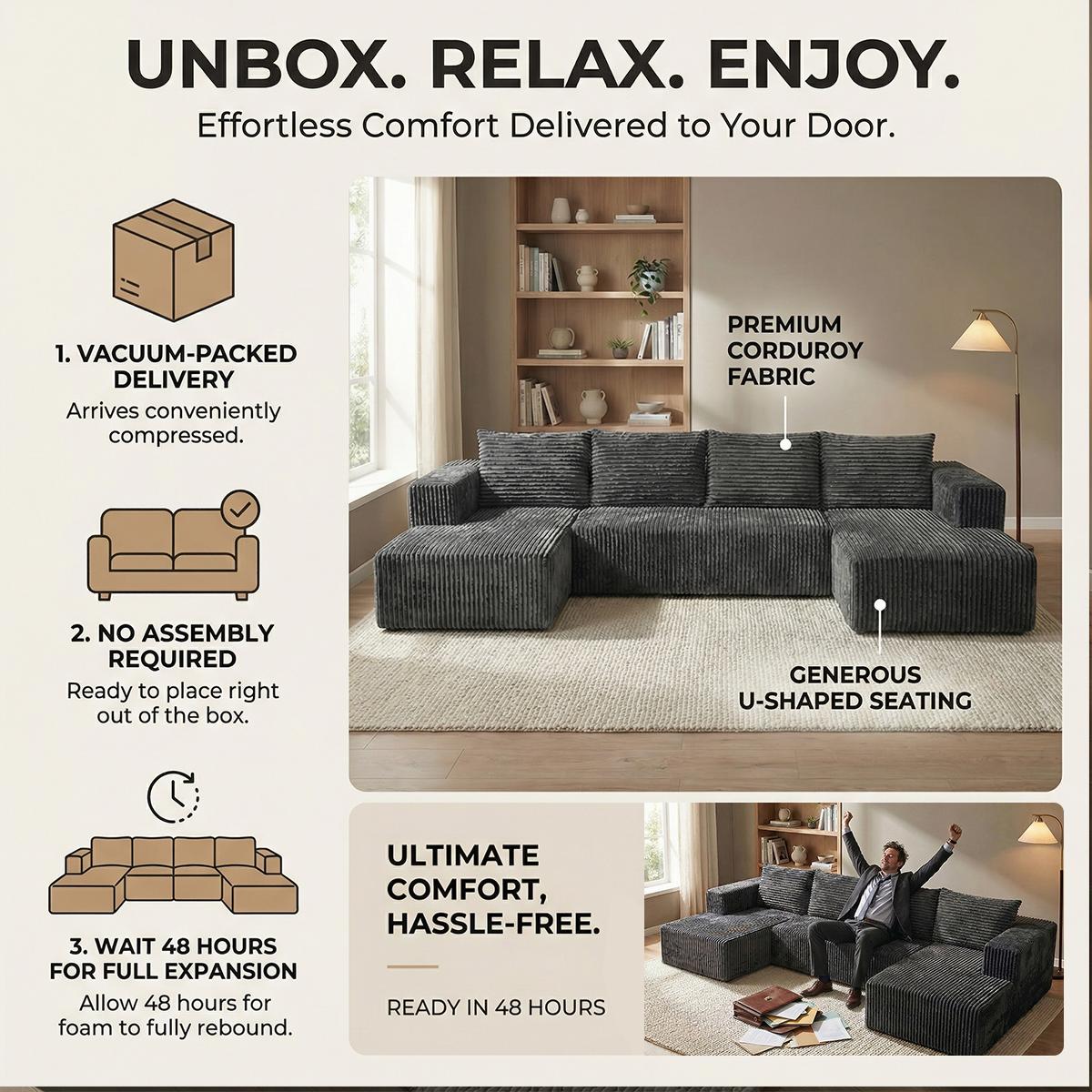 Oversized U-shaped boneless sofa with modular design for free combination, providing a deep sense of coverage and comfortable cloud corduroy fabric; Modern minimalism, no need for assembly; Suitable for living rooms, bedrooms, and other occasions