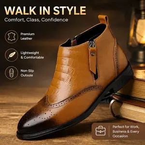 YANXIANSHOES Men’s Classic Stylish Brogue Ankle Height Leather Walking Footwear - Embossed Design, Zipper Closure, Black