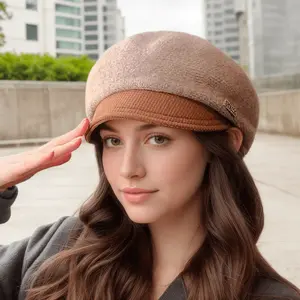 1pc Women's European-Style Two-Tone Brown/Beige Beret Hat with Metallic Logo - Lightweight Warm Winter Cap for Christmas, Parties & Outdoor - Non-Elastic Snug Fit (Hand Washable) - French-Inspired Casual to Formal Headwear